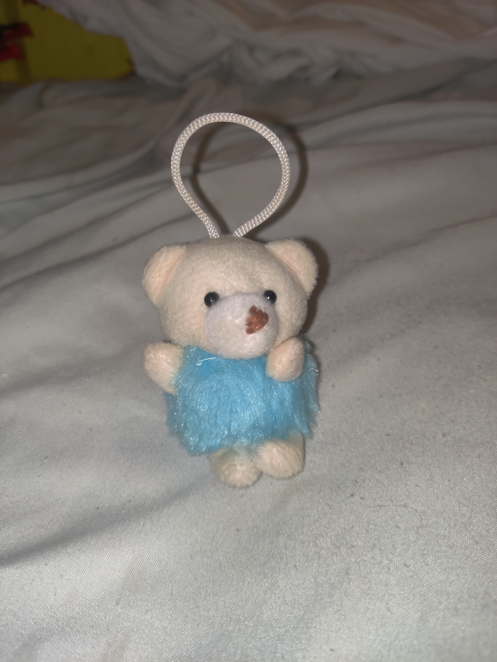 Plush Bear Keyring in Cream with Blue Outfit